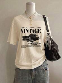 SHEIN EZwear 休閒極簡復古汽車滿版印花不對稱落肩短袖寬鬆女款T恤，適合夏季 - 杏色 - 查看 7