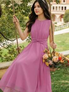 SHEIN Tween Girls Elegant Back To School Party Summer Dusty Pink Chiffon Rnd Neck Twisted Waist Dress Sixth Form,Graduation,Party - Dusty Pink - View 4