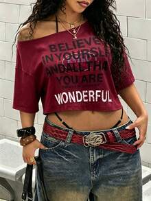 Maweii 大尺碼女款性感度假夏季單肩寬鬆字母印花白色街頭風T恤上衣 - 酒紅色 - 查看 4