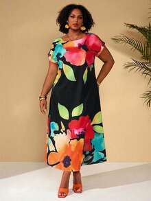 BrightlyHer Damen Große Größen Blume Muster Lässig Urlaubs Sommerkleid - Schwarz - Übersicht 3