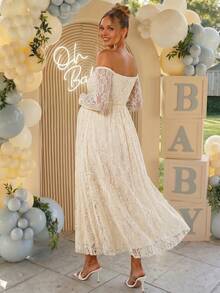 Loomaby Elegant Maternity Party Photoshoot Solid Color Lace Off-Shoulder Dress Wedding Floral White Autumn - Yellow - View 3
