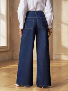 Selenza Women's Casual Versatile Everyday Denim Jeans With Pockets And Buttons Office Dark Blue Summer - Blue - View 3