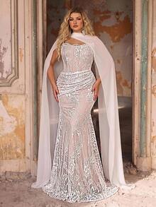 Glamrae Plus Size Elegant Classy Stretchy Lace Ruched Strapless Mermaid Dress Detachable Flounce Wedding Dinner Evening Formal Bachelorette Pink Winter - White - View 8