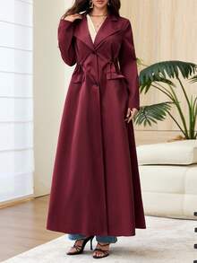 Yasmyna Elegant Minimalist Long Trench Coat, Spring/Autumn Over-The-Knee Tie Waist With Large Pockets, Versatile Commuter Outerwear - Burgundy - View 5