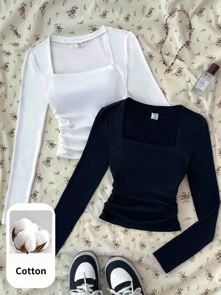 SHEIN 青少年女孩黑白針織抓皺腰方領長袖內搭多件套 T-shirt - 黑與白 - 查看 1
