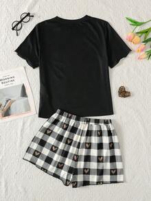 SHEIN 兒童青少年女孩睡衣 2件/套 春夏新款可愛格紋與愛心印花圓領T恤與短褲居家服套裝，舒適休閒睡衣 - 黑與白 - 查看 2
