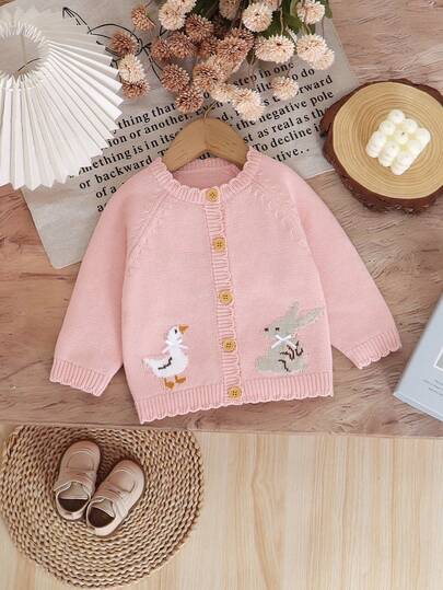 SHEIN 1 Adet Saf Pamuk Pembe Bebek Sevimli Hırka: Yuvarlak Yaka Uzun Kollu Ördek ve Tavşan Desenli Moda Ceket Üst, Dalgalı Dantel Örgü Hırka, Çok Amaçlı İlkbahar/Sonbahar/Kış Dış Giyim