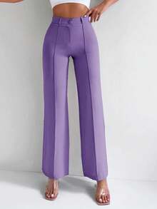SHEIN Cottnline Pantalones De Vestir Con Pliegues Y Vuelo De Un Solo Color - Morado - Ver 6