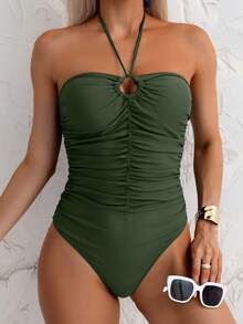 Swim Chiccia 女士纯色前系带抹胸连体泳衣，休闲日常穿着夏季 - 綠色 - 查看 7