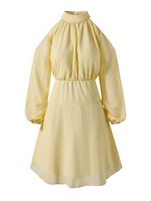 Teen Girl Sweet Solid Color Cold Shoulder Ruched Halter Neck Dress, Bodycon, Glow, Lantern, Square, Midi - Yellow - View 3