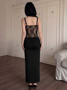Modelyn Elegant Lace Patchwork Women's Side Slit Camisole Dress Night Out Black Floral Summer - Black - View 7
