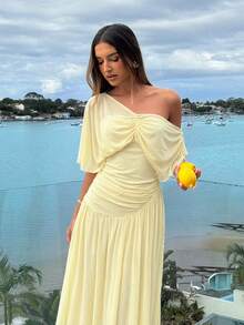 Aloruh Women's Elegant Solid Color Asymmetrical Collar Long Dress Vacation Pale Yellow Summer - Light Yellow - View 4