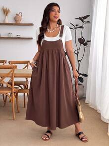 Enliva Plus Size Loose Black Strap Dress - Brown - View 5