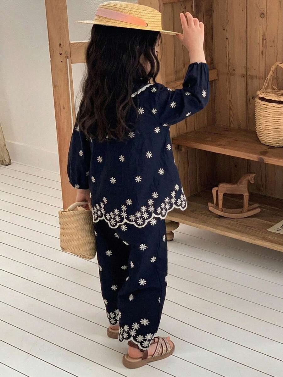 DAZY 女童圓領刺繡無袖上衣與寬鬆長褲度假風兩件套 - 藍色 - 查看 1