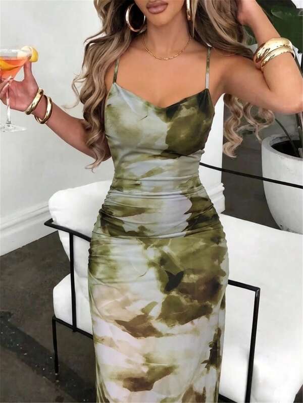 Xyvia,Women's Summer Elegant Beach Dress, Netting Tie-Dye Bodycon Backless Asymmetrical Hem Dress