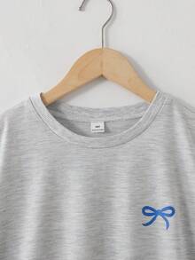 SHEIN 少女蝴蝶結印花拼接條紋荷葉邊下擺洋裝 - 灰色 - 查看 7
