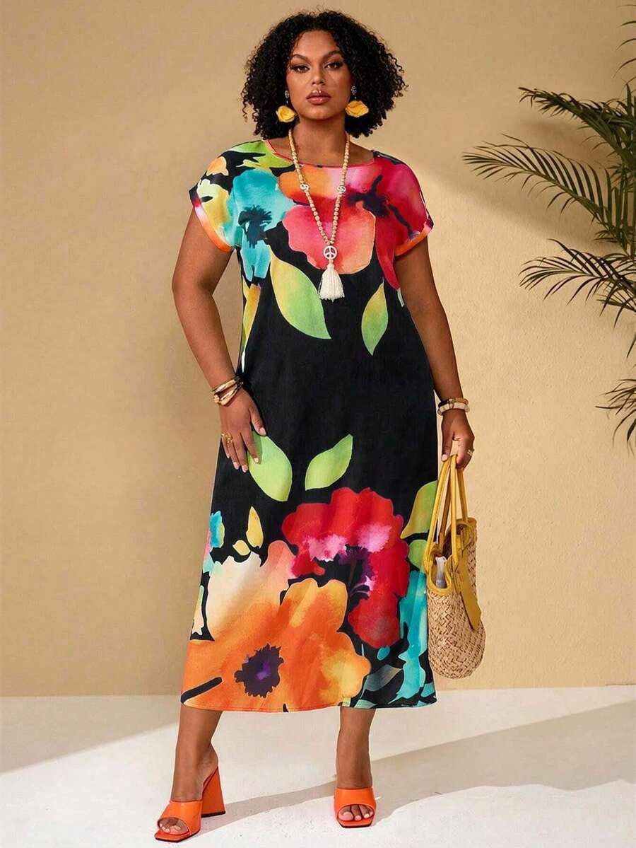 BrightlyHer Damen Große Größen Blume Muster Lässig Urlaubs Sommerkleid - Schwarz - Übersicht 1