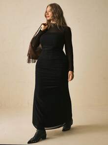 Freevana Plus Size Women's Stand Collar Mesh Patchwork Casual Daily Wear Dress Fall - Black - View 5