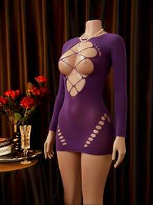 ChaseTheNight 1pc Women's Sexy Fuchsia Bodycon Semi-Sheer Fishnet Dress, Suitable For Party, Nightclub, Beach - Purple - View 1