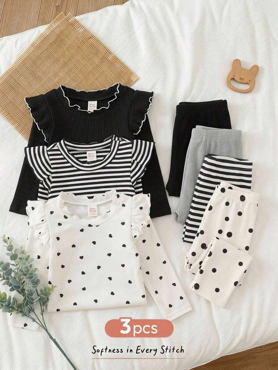 Cozy Pixies Baby Girl Autumn/Winter Cute Versatile Casual Knit Solid Color Heart-Shaped Striped Heart Pattern Flutter Sleeve Long Sleeve Top 3pcs -Piece Set - Multicolor - View 1
