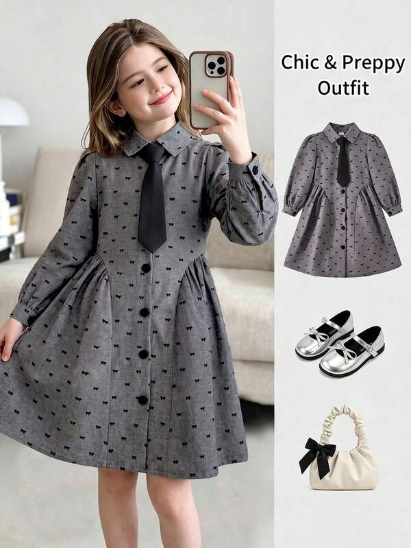 Elladie kids YOUNG Girs Autumn Little Girl Preppy Style Bow Print Button Front Shirt Dress With Tie Cute Long Sleeve Casual Party Outfits Fall Clothing Black