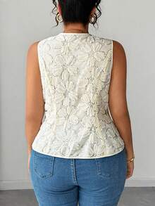 GlowEve CURVE Plus Size Floral Sequin Embroidered Mesh Fabric Patchwork Solid Color Fabric V-Neck Sleeveless Cinched Waist A-Line Multi-Layer Tie Front Structure Blouse Elegant Casual Commute Date Party Holiday Blouse - Apricot - View 2