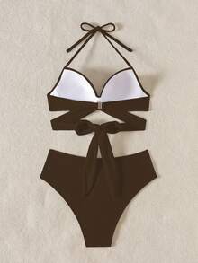 Swim Basics Solid Color Bikini Swimwear, Wireless - Brown - View 2