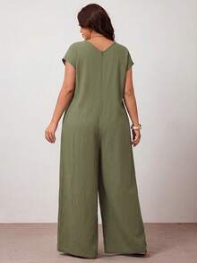 Enliva Plus Size Black Cotton Jumpsuit With Loose V-Neck And Pockets - Army Green - View 2