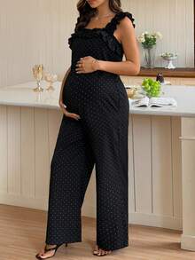 Dazy Maternity 波點優雅修身無袖荷葉邊拼接日常穿著孕婦連身褲 夏季 - 黑色 - 查看 4