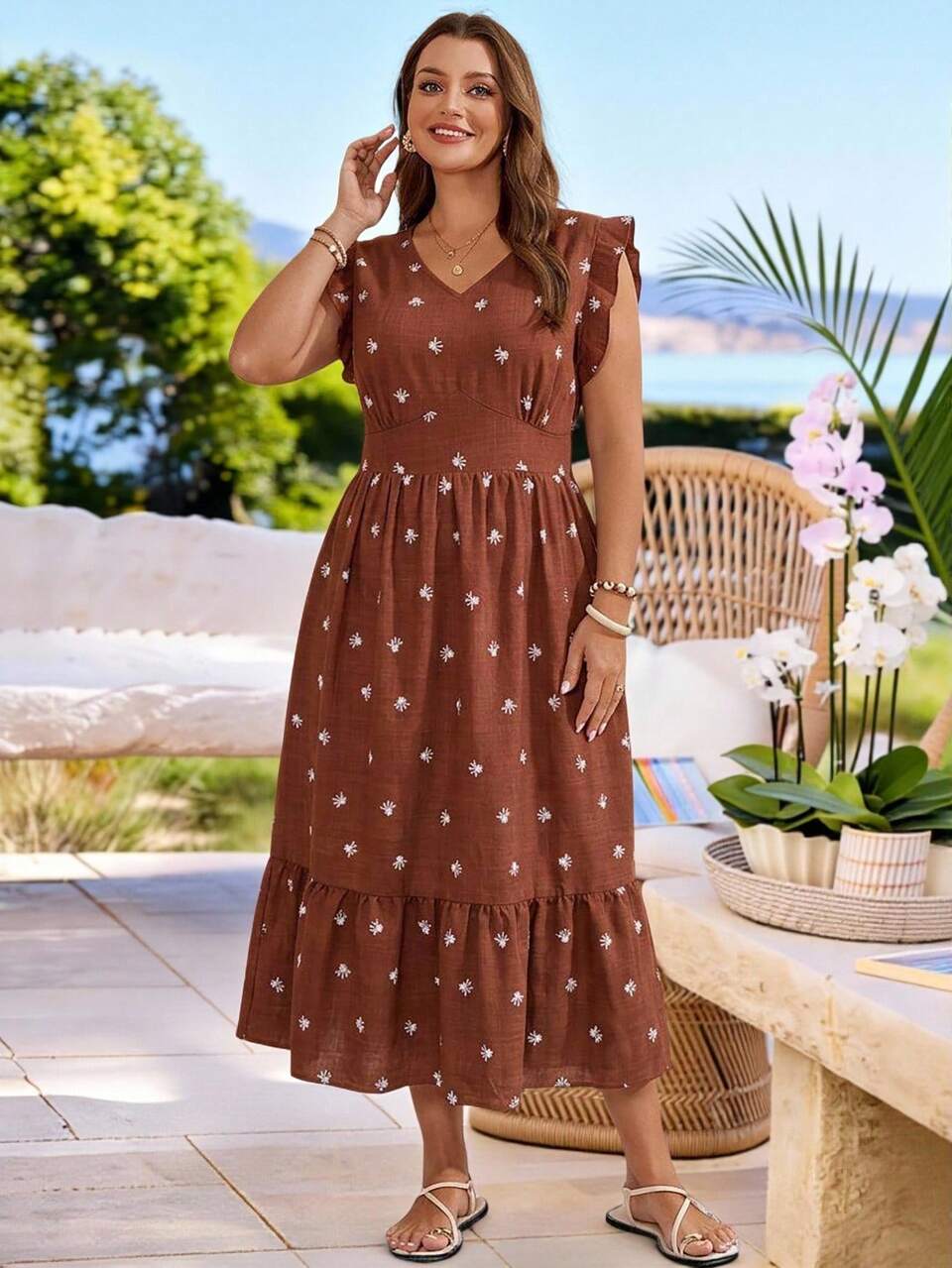 Plus Size Women's Summer Casual Vacation Country Floral Print Brown Ruffle Hem Dress,Going Out Outfits, Beach,Flowy Dress, Fall Clothes ,Autumn