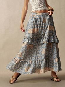Bohemela Women's Elastic Waist All-Over Print Pleated Casual Versatile Daily Skirt - Blue - View 2