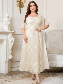 Reflora Plus Size Women Square Neck Jacquard Casual Party Summer Dress - Apricot - View 5