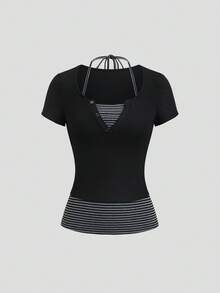 Sweetra Women's Autumn/Winter Casual Striped Fabric Contrast Color Patchwork Fitted Black Waist-Cinched Short Sleeve T-Shirt Top - Multicolor - View 1
