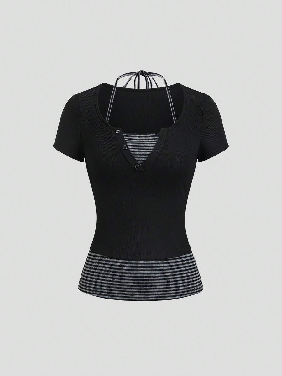 Sweetra Women's Autumn/Winter Casual Striped Fabric Contrast Color Patchwork Fitted Black Waist-Cinched Short Sleeve T-Shirt Top - Multicolor - View 1