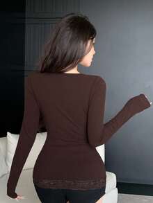 Joudiya Autumn Brown Lace Trim Patchwork Slim Fit Base Layer T-Shirt Elegant Women's Long Sleeve - Brown - View 4