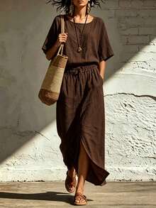 SHEIN Holidaya Women's Solid Color Short Sleeve Top + Skirt 2 Pieces Set - Coffee Brown - View 1