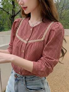 DAZY Women's Plaid Shirt,Long Sleeve Tops - Red - View 7