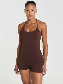 11SKNDS Strappy Crossback Short Romper With Scoop Neckline And Built-In Support Sleeveless One-Piece Unitard For Yoga Pilates And Summer Activewear - Chocolate Brown - View 3