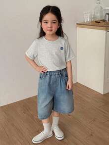 DAZY 寬鬆版型圓領刺繡設計短袖休閒可愛少女夏季T恤 - 灰色 - 查看 2