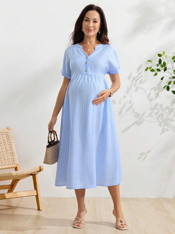 GentleRue Maternity Casual Minimalist Blue & White Striped Print Maternity Nursing Dress