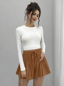 SHEIN Maternity Solid Color Drawstring Waist Ruched Casual Versatile Daily Wear Shorts - Brown - View 7