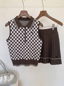 Comfortcana Women's Equestrian Preppy Retro Vintage 70s 80s Embroidered Plaid Contrast Color Knit Vest And Pleated Mini Skirt 2 Pieces Set Shades Of Brown Autumn - Brown - View 4