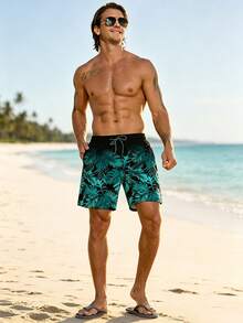 Manfinity KASUA Men's Tropical Plant Print Drawstring Waist Beach Shorts - Green - View 4