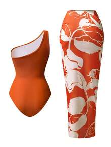 Swim Oasis 2pcs/Set Women One-Piece Solid Color Ruched Monokini With Printed Sarong - Orange - View 2