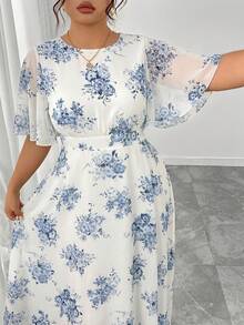 Modelyn Gaun Chiffon Wanita Ukuran Plus Elegan Musim Semi/Panas Leher Bulat Lengan Lonceng Berkerut Model Pas Badan dan Jatuh - MultiWarna - View 6