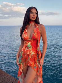 Sirith Summer Sexy Tropical Spaghetti Strap Backless Hollow Out Camisole Top Floral Print Ruffle Hem Asymmetric Maxi Skirt 2-Piece Set Beach Orange Red - Multicolor - View 1