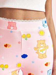 SHEIN X Care Bears Women's Cute Cartoon Print Lace Patchwork Cropped Leggings - Pink - View 8