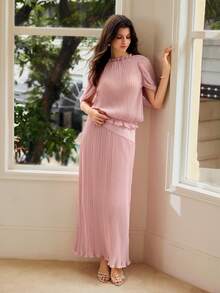 MOTF PREMIUM WOMEN'S ELEGANT PLEATED TOP AND SKIRT 2 PIECES SET - Pink - View 8