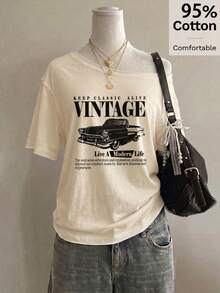 SHEIN EZwear 休閒極簡復古汽車滿版印花不對稱落肩短袖寬鬆女款T恤，適合夏季 - 杏色 - 查看 9
