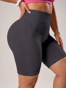 SHEIN Velisys 1pc Plus Size Black Bermuda Knit Seamless Comfortable Elastic Yoga Running Cycling Fitness Outdoor Casual Wear Tight Shorts Suitable For Spring Summer Autumn Winter - Multicolor - View 4